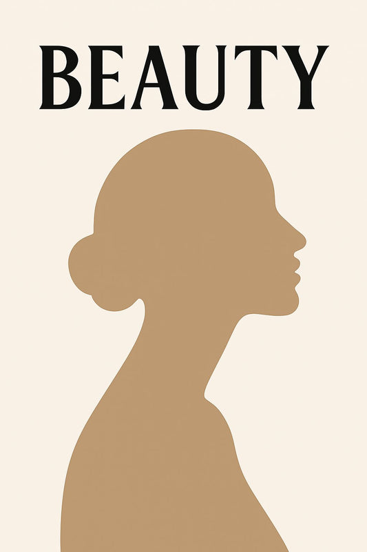 Minimalist wall art featuring a stylized brown silhouette of a woman in profile against a light beige background, with the word "BEAUTY" in bold black lettering at the top.